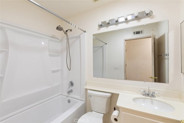 full bathroom with visible vents, toilet, vanity, and shower / tub combination