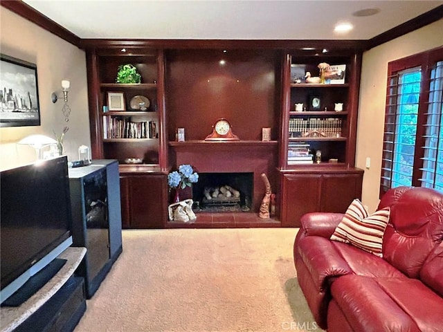 carpeted living room with built in shelves