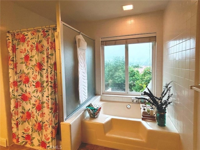 bathroom with shower with separate bathtub