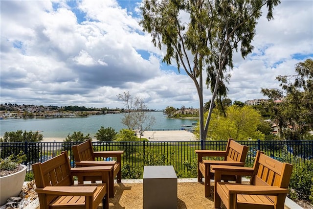 view of patio / terrace featuring a water view