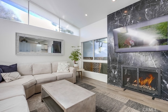 living room with wood-type flooring and a fireplace