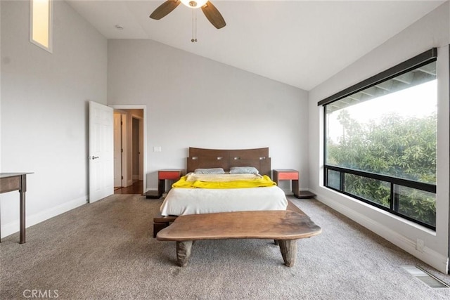 bedroom featuring ceiling fan, high vaulted ceiling, and carpet floors