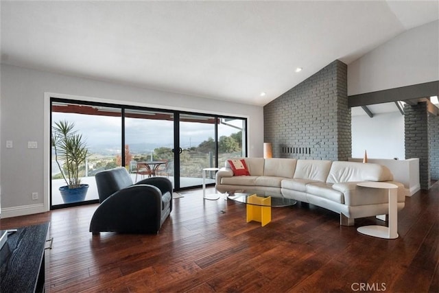 living room featuring dark wood-type flooring and vaulted ceiling