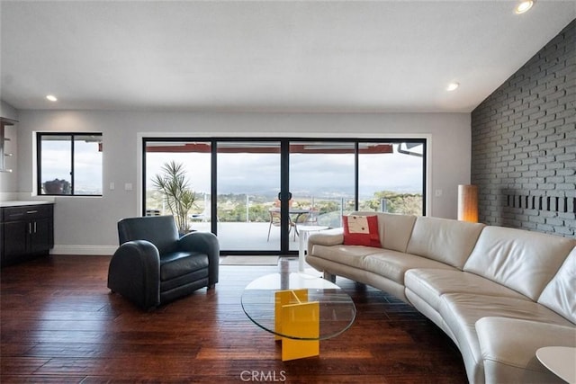 living room featuring dark wood-type flooring and lofted ceiling