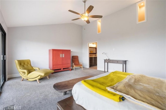 bedroom featuring ceiling fan, high vaulted ceiling, carpet, and connected bathroom