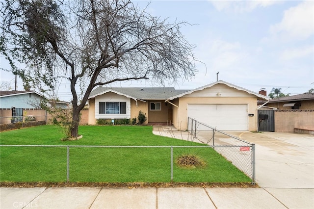 ranch-style home with a garage and a front lawn