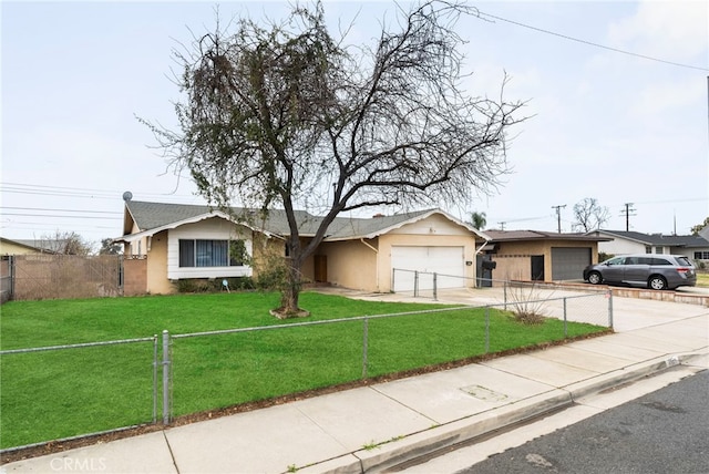 ranch-style home with a garage and a front lawn