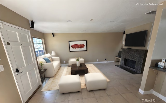 living room featuring light tile patterned floors