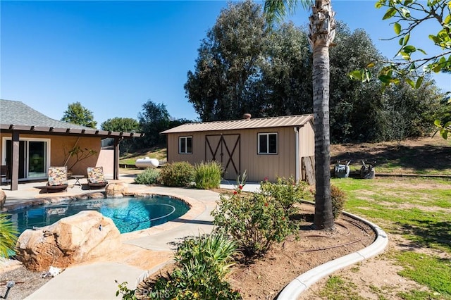 pool with a patio and an outdoor structure