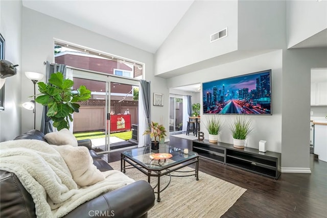 living room featuring hardwood / wood-style floors and high vaulted ceiling