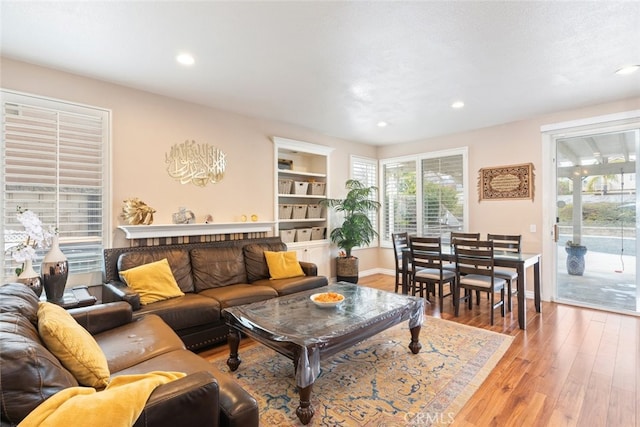 living room featuring built in features and wood-type flooring