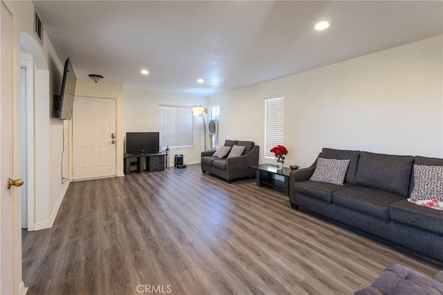 living room with dark wood-type flooring