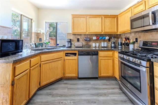 kitchen featuring light wood-type flooring, appliances with stainless steel finishes, sink, and backsplash