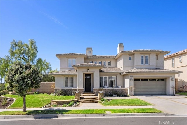 view of front of home featuring stucco siding, driveway, a tile roof, a garage, and a chimney