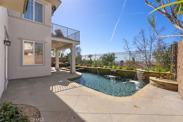 view of pool featuring a fenced in pool, a fenced backyard, and a patio area