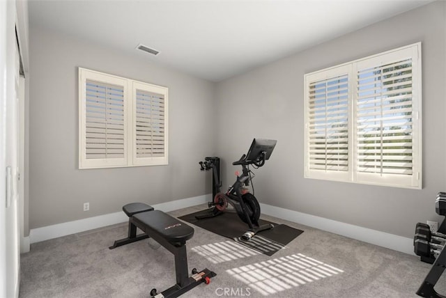 workout room with baseboards, visible vents, and carpet floors