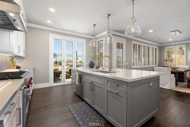 kitchen with range hood, gray cabinets, crown molding, and a sink