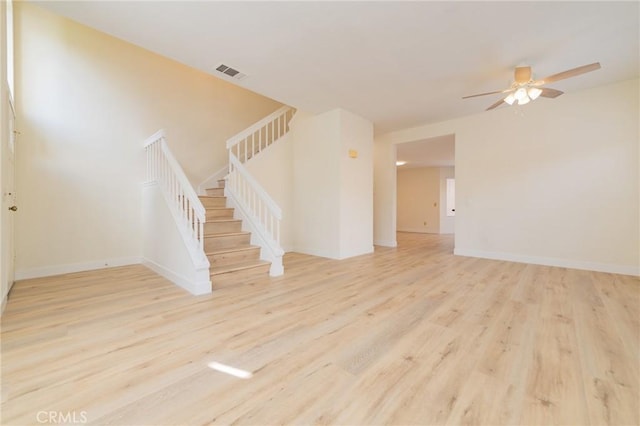 unfurnished living room with ceiling fan and light wood-type flooring