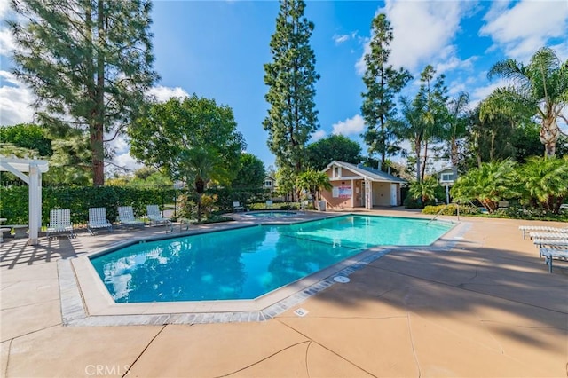 view of pool with a patio area and a hot tub