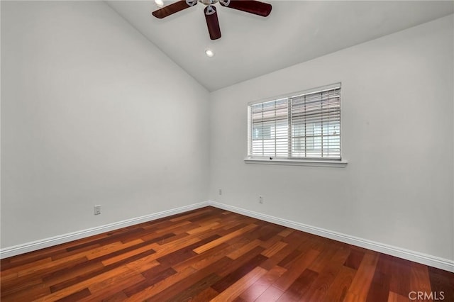 unfurnished room featuring hardwood / wood-style flooring, vaulted ceiling, and ceiling fan