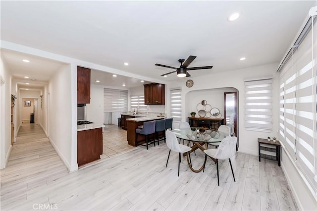 dining space with ceiling fan, a healthy amount of sunlight, and light hardwood / wood-style floors