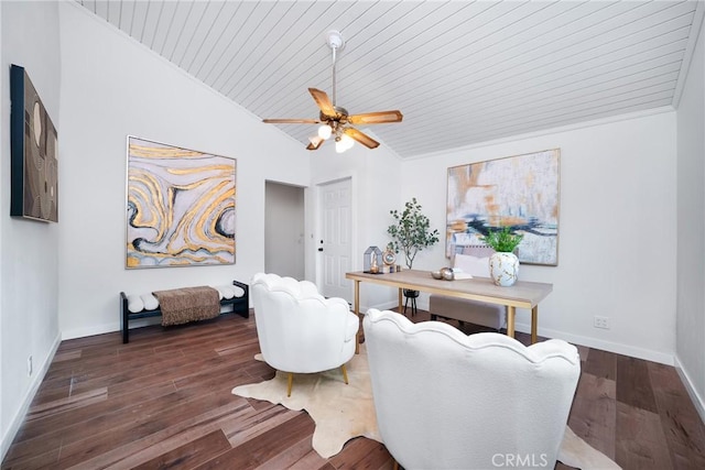 home office featuring dark wood-type flooring, ceiling fan, lofted ceiling, and wood ceiling