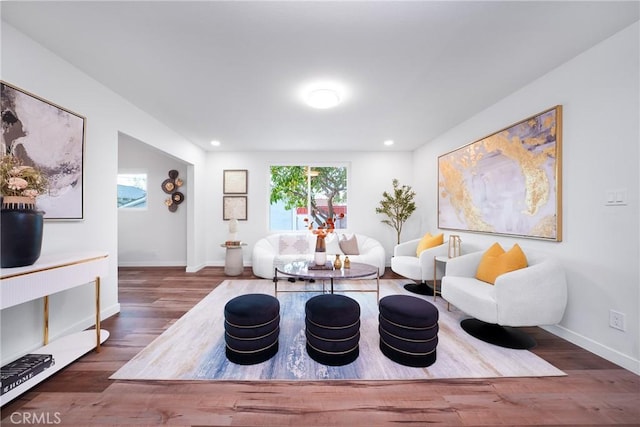 living room with dark hardwood / wood-style floors