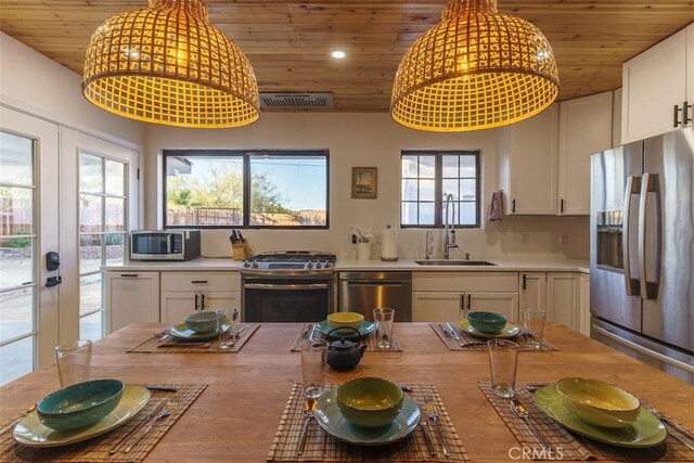 kitchen featuring wood ceiling, appliances with stainless steel finishes, a sink, and white cabinetry