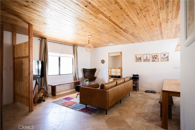 living room featuring wooden ceiling and light tile patterned flooring