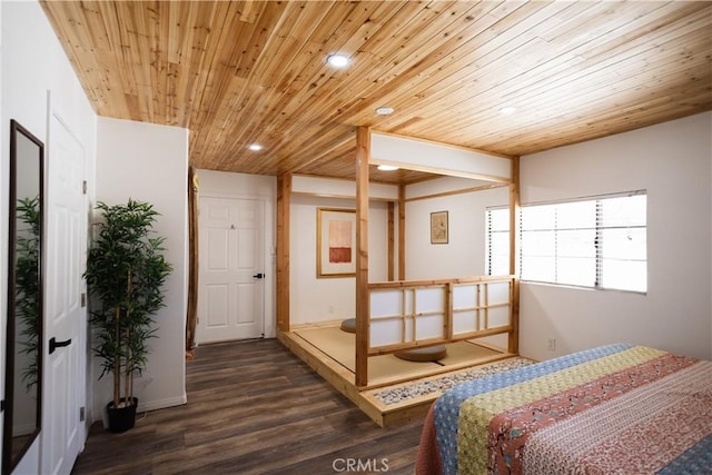 bedroom featuring wood ceiling, wood finished floors, and recessed lighting