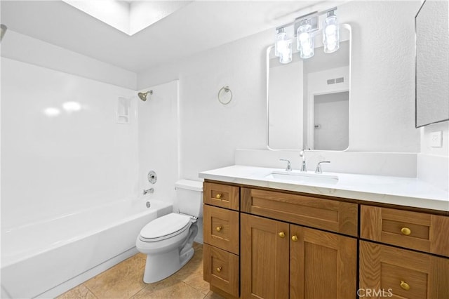 full bathroom featuring visible vents, toilet, tile patterned floors,  shower combination, and vanity