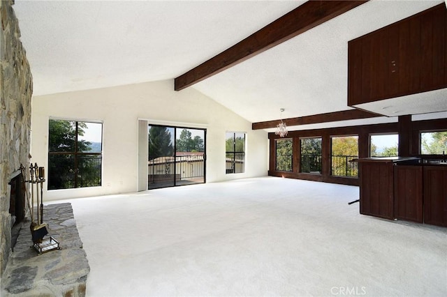 living room with beamed ceiling, light colored carpet, a notable chandelier, and high vaulted ceiling