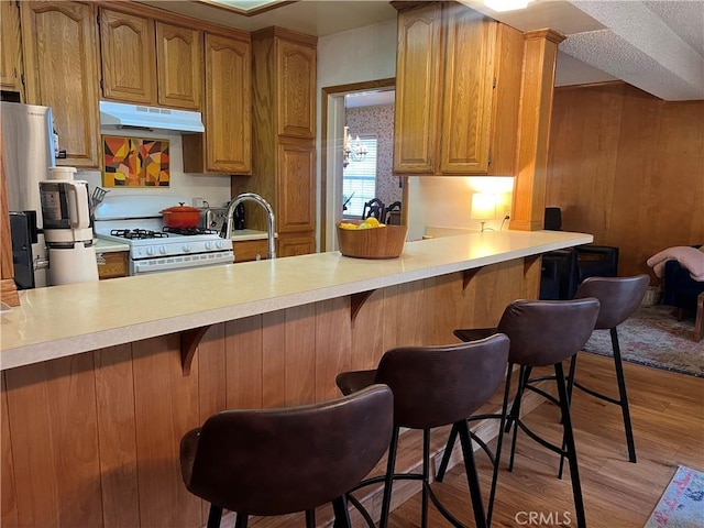 kitchen with light wood-type flooring, white range with gas stovetop, a kitchen breakfast bar, and kitchen peninsula