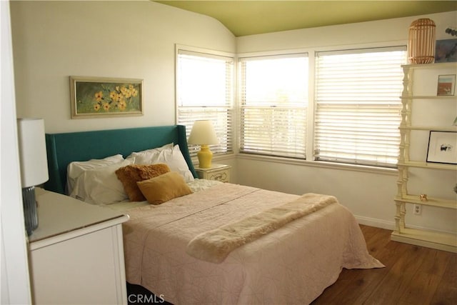 bedroom featuring dark hardwood / wood-style flooring and vaulted ceiling