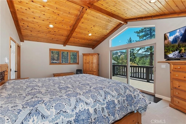 bedroom with wooden ceiling, access to exterior, carpet, and vaulted ceiling with beams