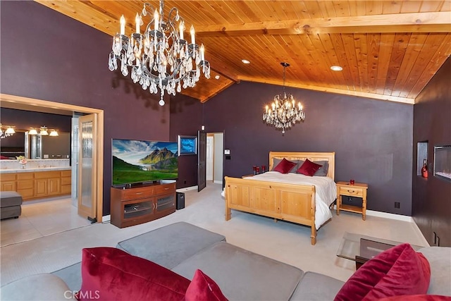 carpeted bedroom with vaulted ceiling, wooden ceiling, and an inviting chandelier