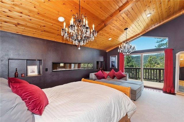 bedroom with vaulted ceiling with beams, wood ceiling, access to outside, carpet flooring, and a notable chandelier