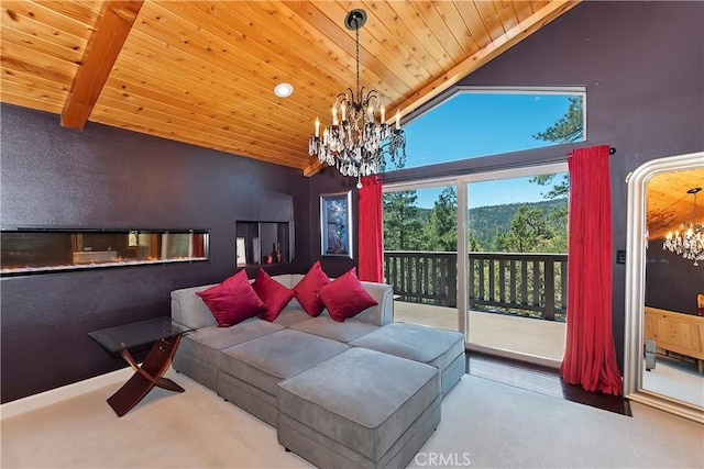 interior space featuring wood ceiling, a chandelier, carpet, and vaulted ceiling with beams