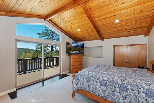 bedroom featuring high vaulted ceiling, access to outside, wooden ceiling, and beam ceiling