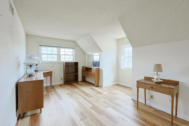 additional living space featuring vaulted ceiling, plenty of natural light, a textured ceiling, and light hardwood / wood-style floors