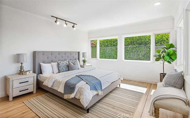 bedroom featuring crown molding, light hardwood / wood-style floors, and rail lighting