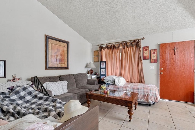 tiled living room with vaulted ceiling and a textured ceiling