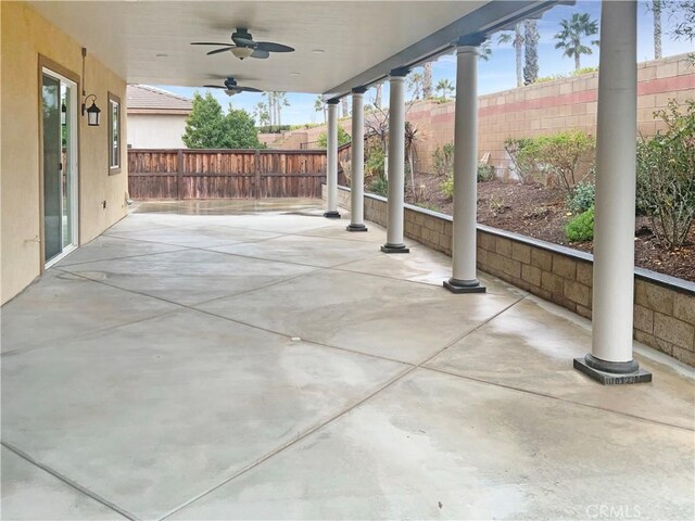 view of patio / terrace featuring a fenced backyard and ceiling fan