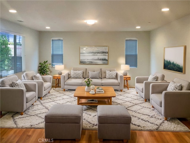 living area featuring wood finished floors and recessed lighting