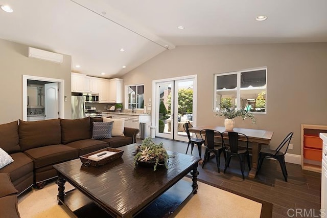 living room with vaulted ceiling with beams, recessed lighting, wood finished floors, baseboards, and a wall mounted air conditioner