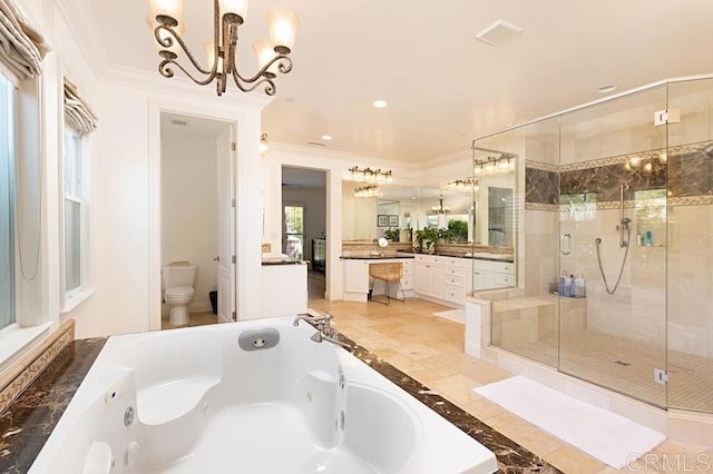 bathroom with a stall shower, toilet, crown molding, vanity, and recessed lighting