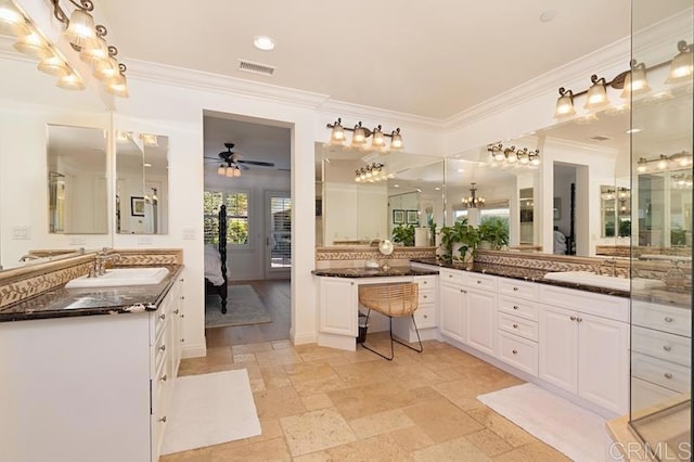 bathroom with ornamental molding, visible vents, vanity, and tasteful backsplash