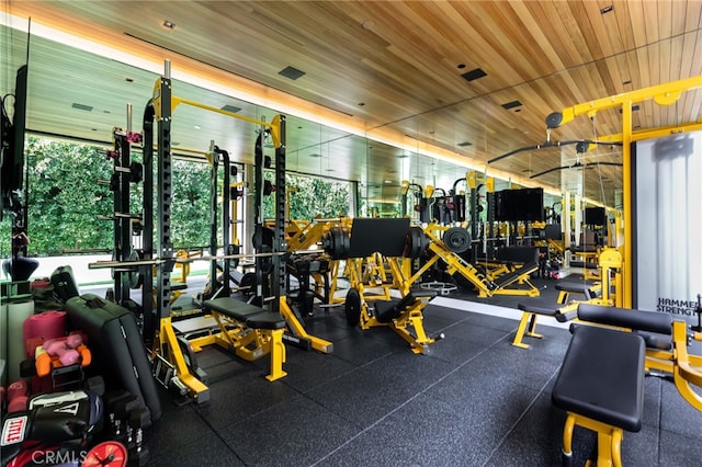 gym with wooden ceiling