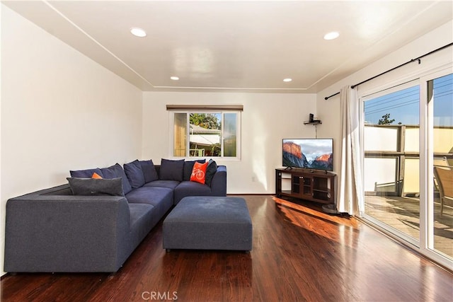 living room with dark hardwood / wood-style floors