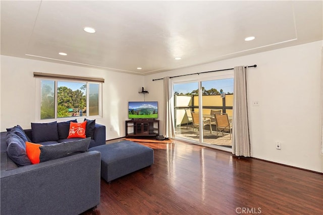 living room featuring a wealth of natural light and dark hardwood / wood-style floors